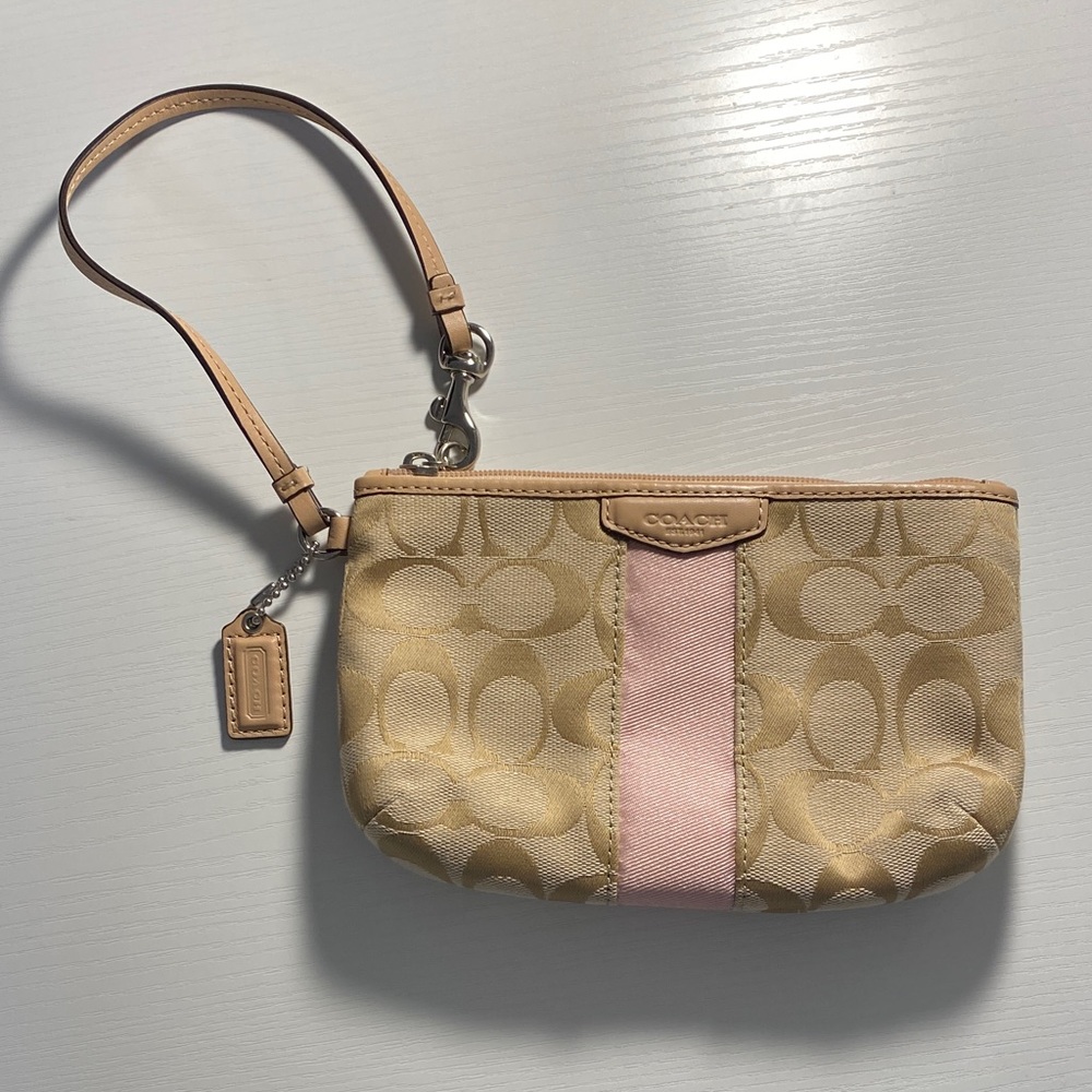 Coach Beige and Pink Signature Wristlet Clutch with Detachable Strap 4.5x7x1”